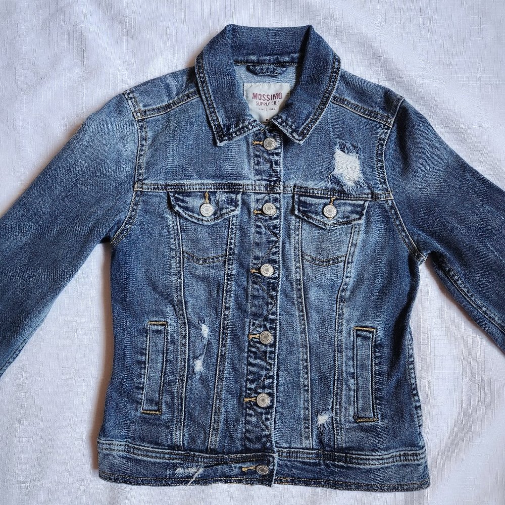 MOSSIMO Blue Washed Distressed Denim Trucker Jacket Women (XS)